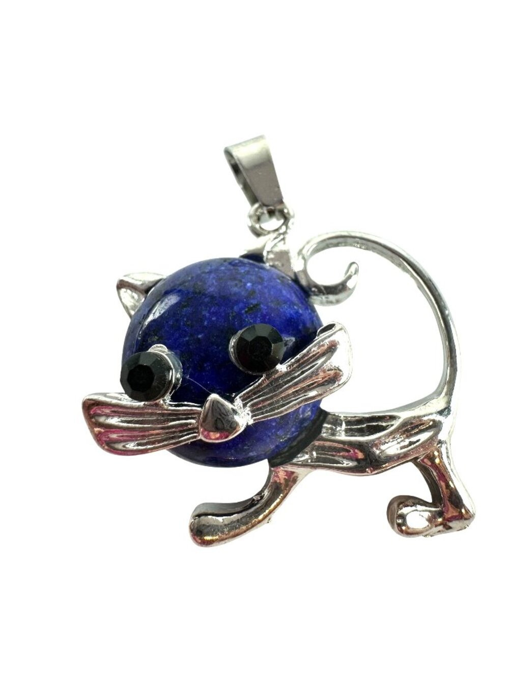 Silver Tone Lapis Lazuli Cat & Moon Pendant